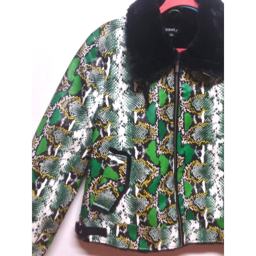 NEW MOD-X Bomber Jacket SNAKE REPTILE PRINT Womens XL Green black FAUX FUR LINED - Picture 7 of 15